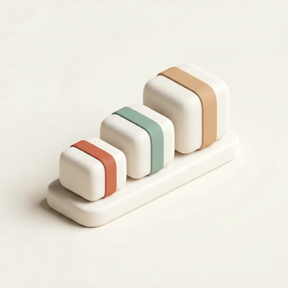 Three parcels, each wrapped with a different coloured band