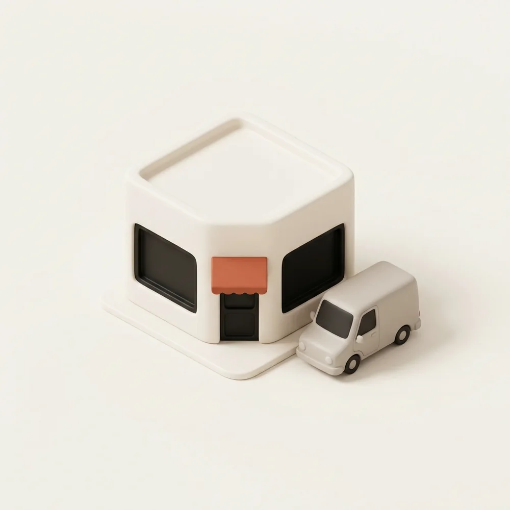 A small shop with a delivery van beside it, modelled in matte clay