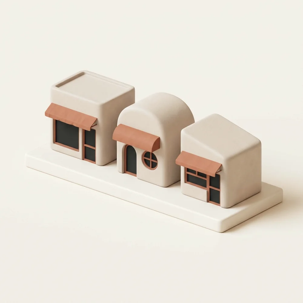 Three small shops of different shapes in a row